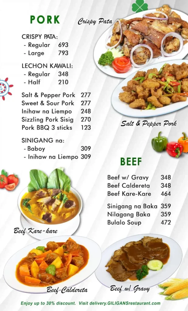 Giligan’s Pork Menu with Prices