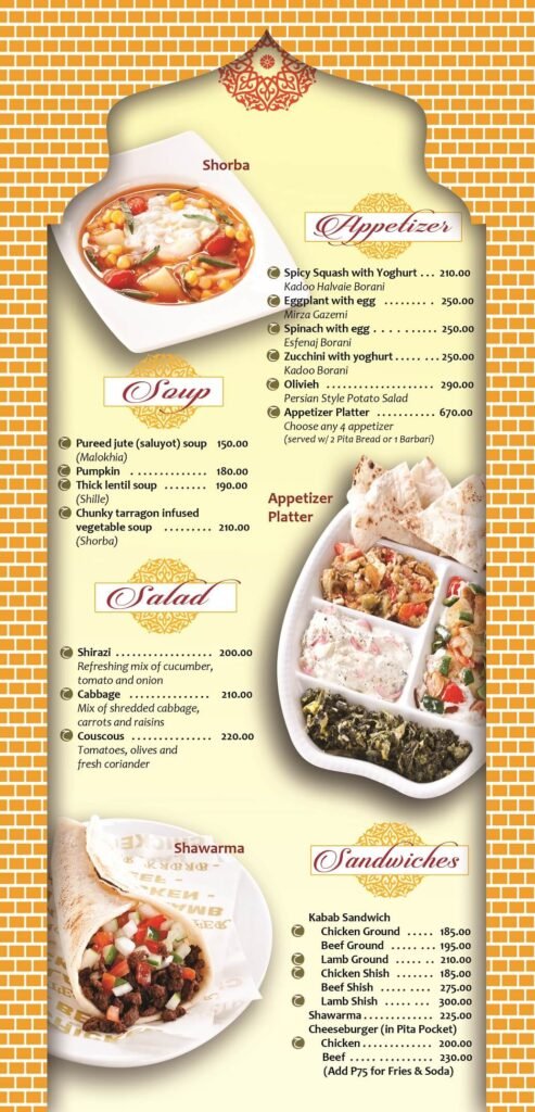 Appetizers. soups and salads, a menu of Mister Kabab Philippines resturant.