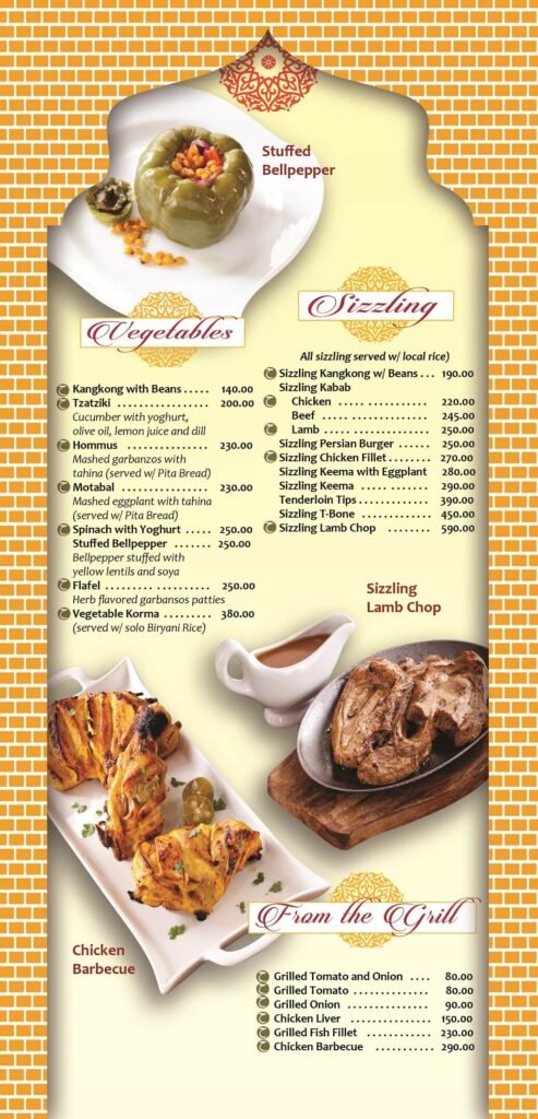 Vegetable and sizzlings and furthermore, a menu of Mister Kabab Philippines resturant.