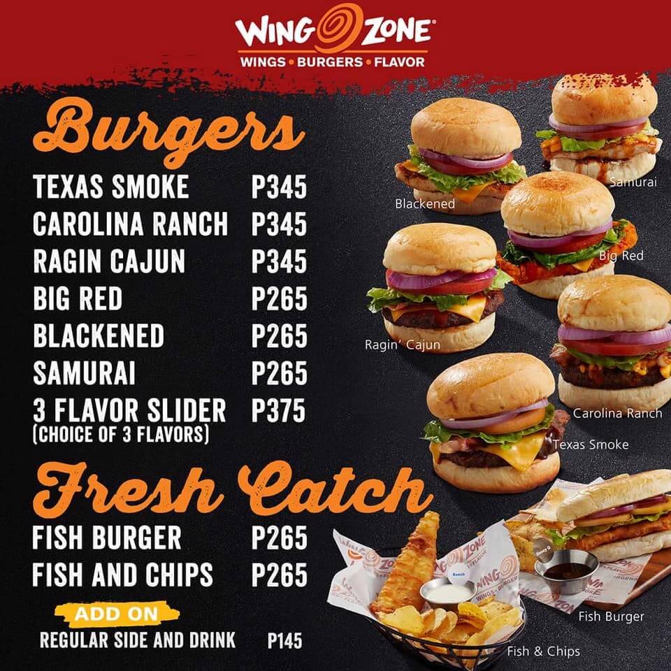 Burgers, fresh catch and furthermore, a menu of Wing Zone Philippines resturant.