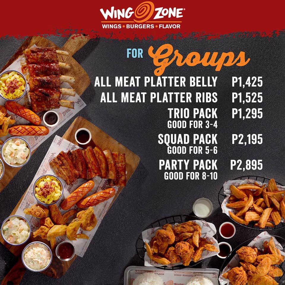 Groups food with all dishes, a menu of Wing Zone Philippines resturant.