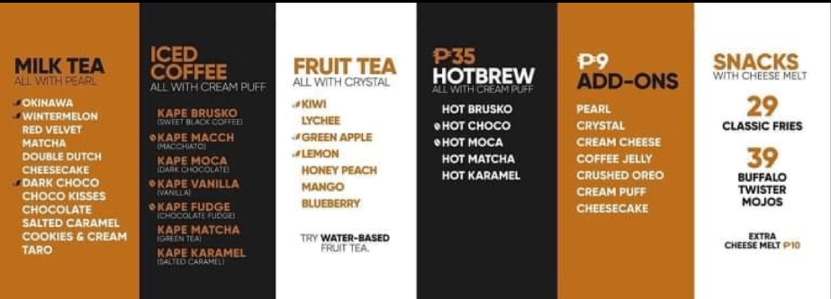 Milktea, iced coffee, fruit tea and furthermore, a menu of Big Brew Philippines resturant.