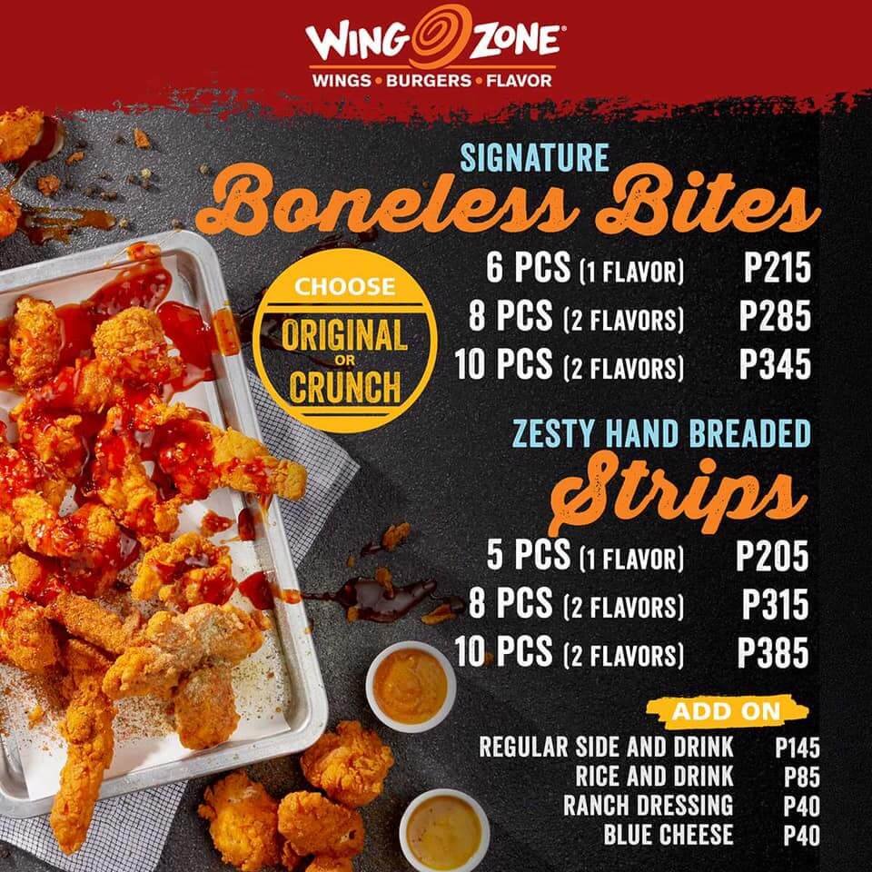 Boneless bites and strips with all flavors, a menu of Wing Zone Philippines resturant.