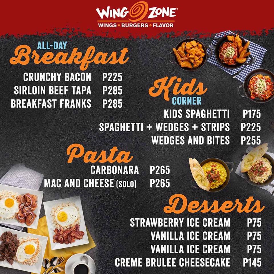 Breakfast, kids, pasta and desserts, a menu of Wing Zone Philippines resturant.