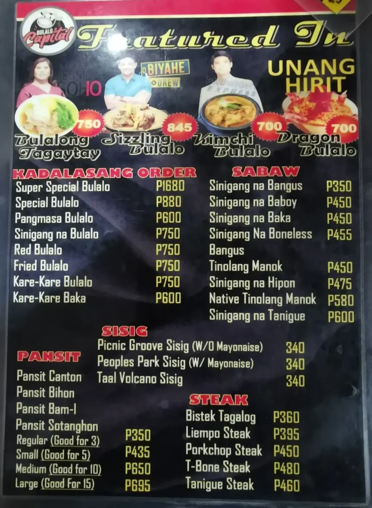 Kadalasan order, sabaw and furthermore, a menu of Bulalo Capital Philippines resturant.