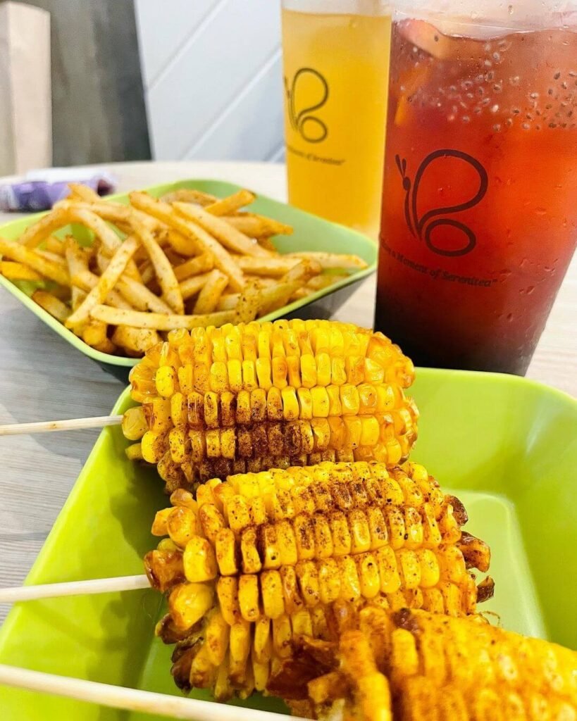 Corn, fries and drink,  a menu of Serenitea Philippines resturant.