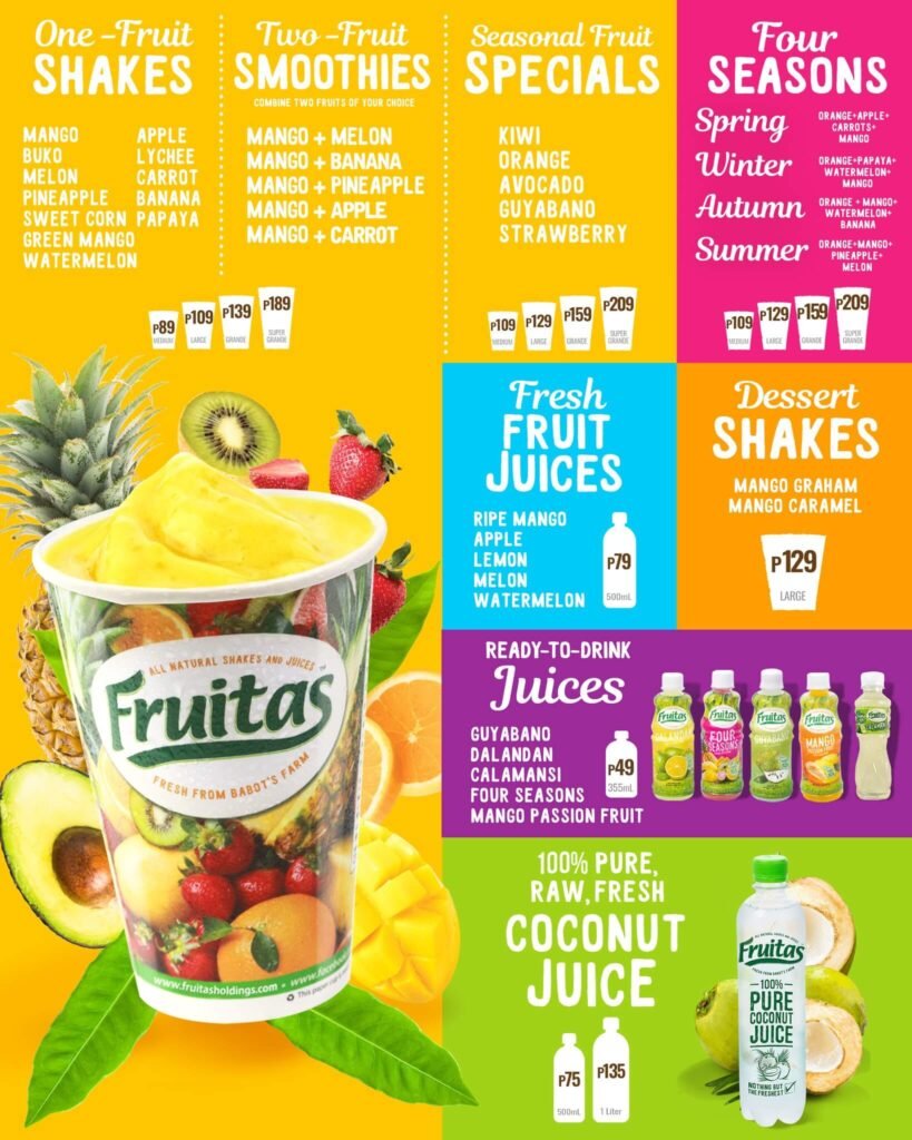 One fruit shakes, Two fruits smoothies and furthermore, a menu of Fruitas Philippines resturant.