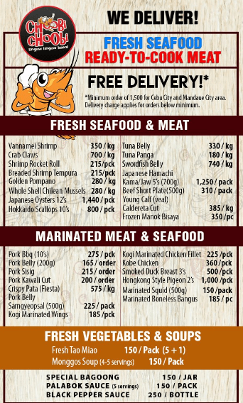 Fresh seafood, meat and marinated, a menu of Choobi Choobi Philippines resturant.