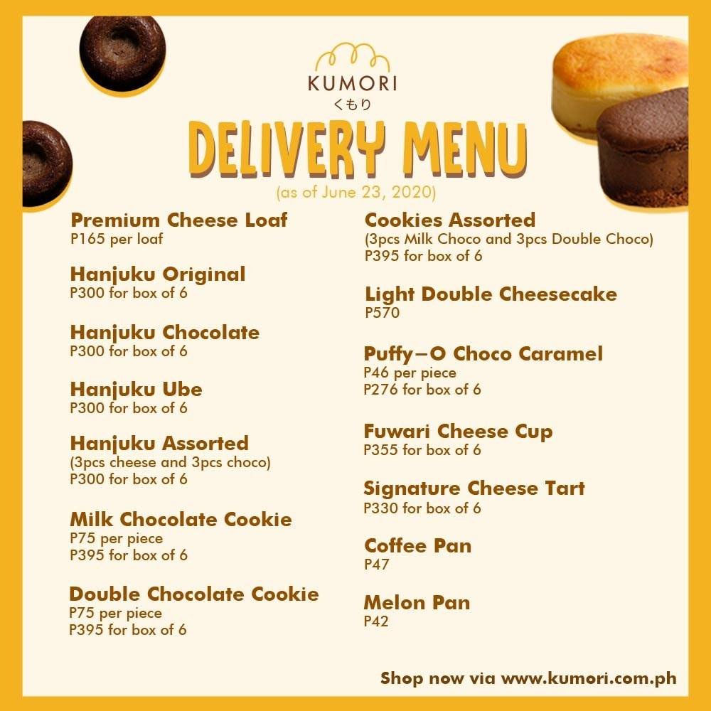 Dessert food with loaf and furthermore, a menu of Kumori Philippines resturant.