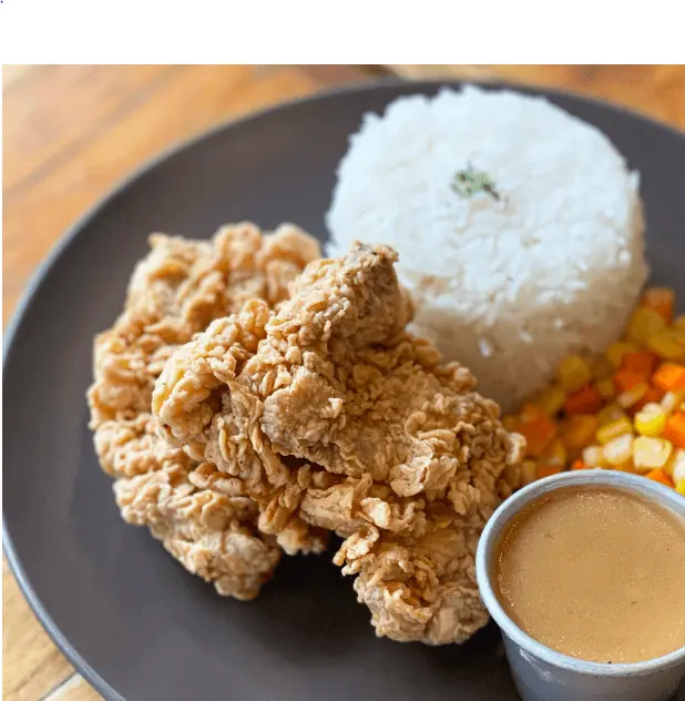 piece of chicken with rice and sauce, a menu of blakes and stings philippines resturant.