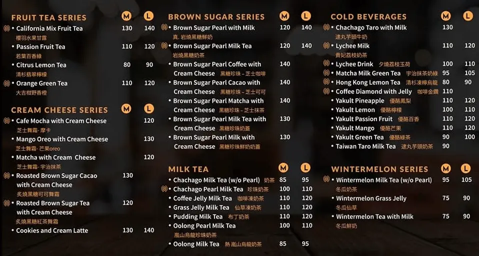 Fruit tea series, brown sugar and furthermore, a menu of Chachago Philippines resturant.