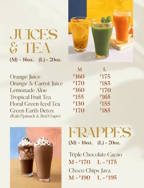 Figaro Coffee Menu juices tea with Prices