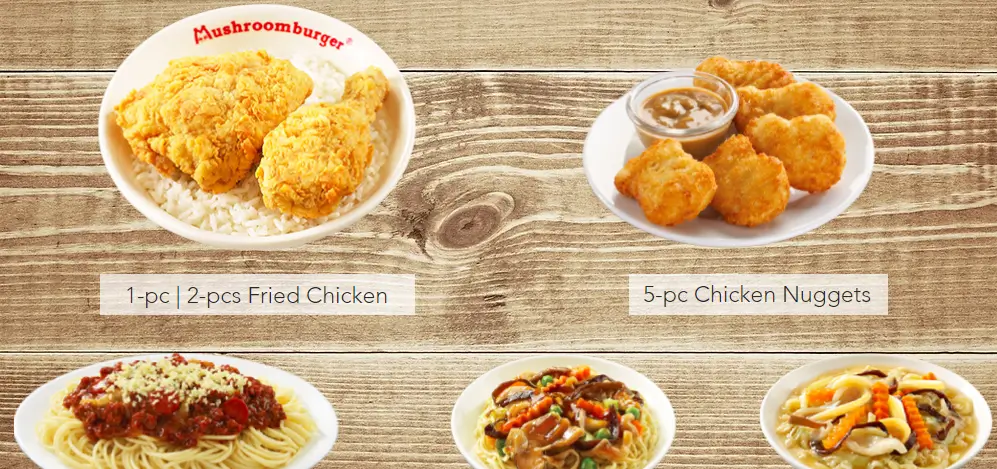 Fried chicken with rice and noodles in plates, a menu of Mushroom Burger Philippines resturant.