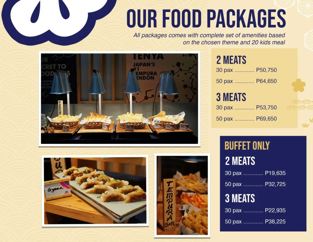 Food packages of meat, a menu of tenya philippines resturant.