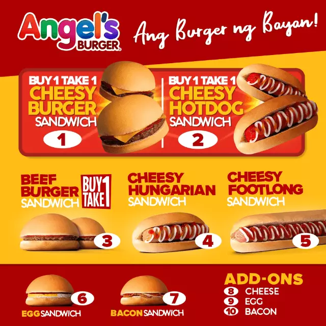Burgers, Hotdogs, sandwiches and further more, a menu of Angel’s Burger Philippines resturant.