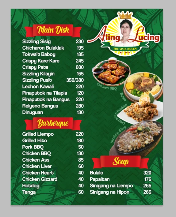 Main dish, barbeque , soup and furthermore, a menu of aling lucing philippines resturant.
