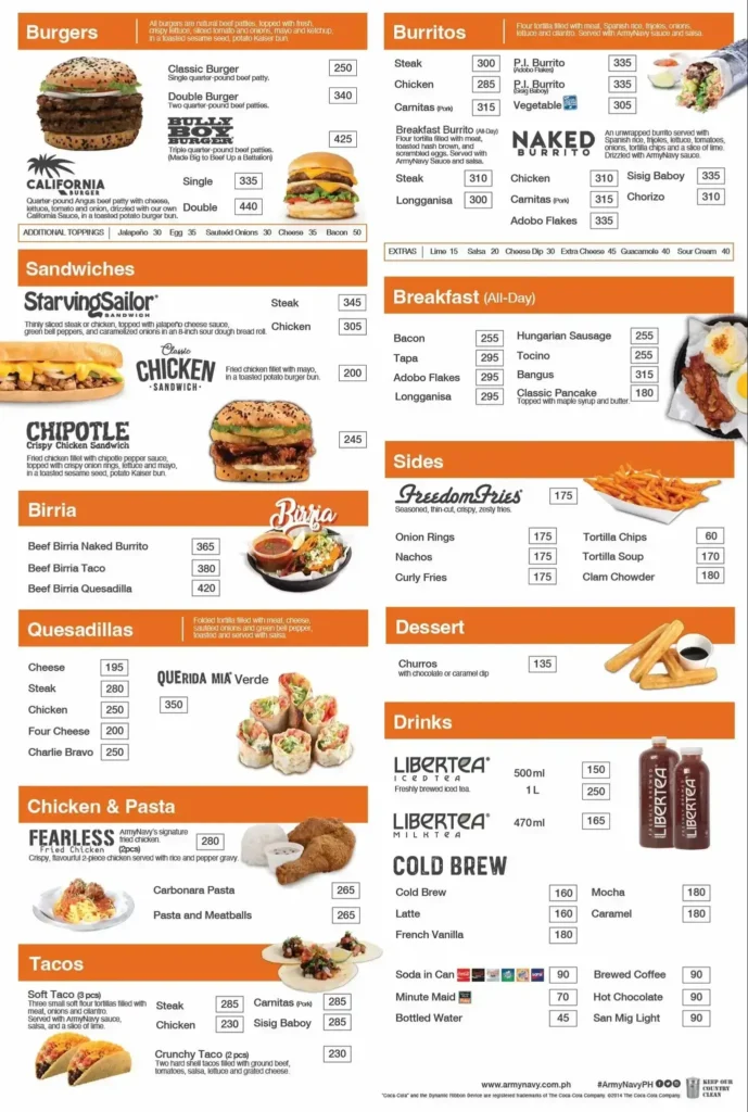 Burgers, sandwiches, breakfast, sides and furthermore, a menu of army navy philippines resturant.