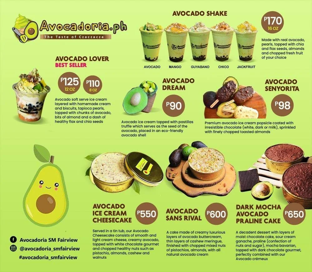 Shake, dream, a menu of avocadoria philippines resturant.