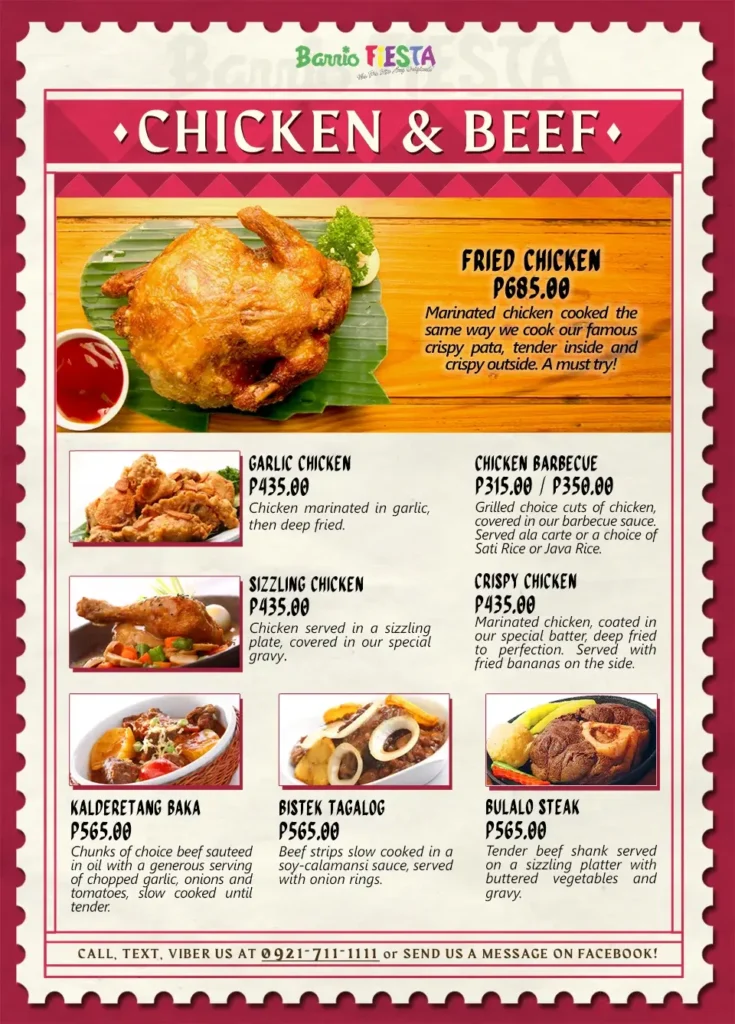 Chicken and beef, a menu of barrio fiesta philippines resturant.