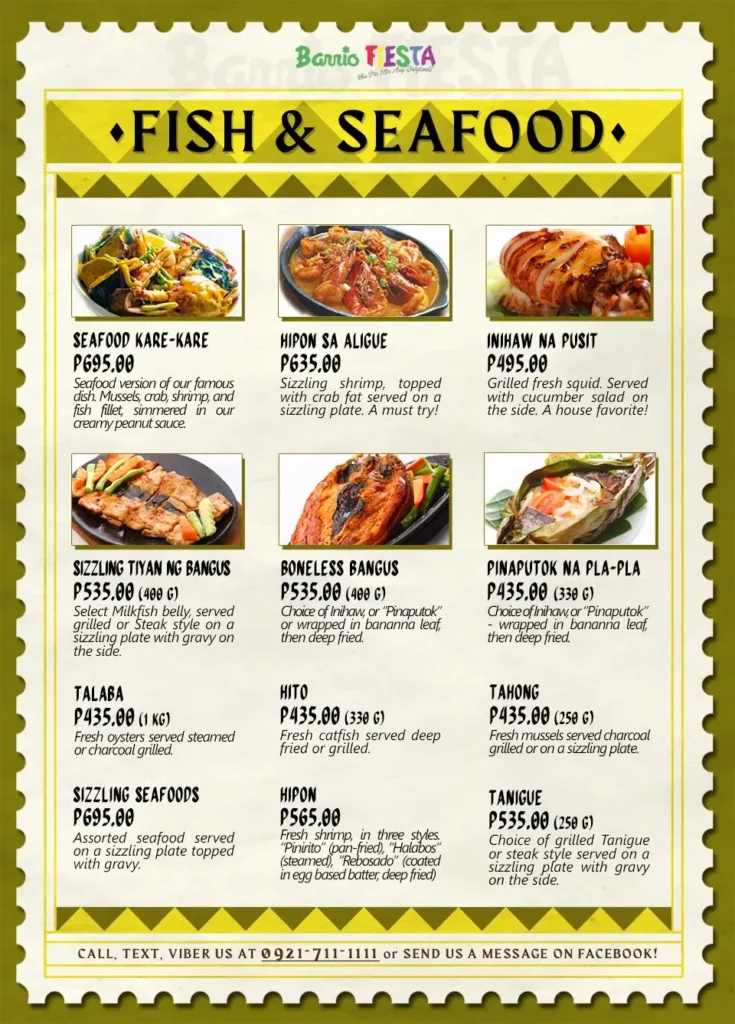 Fish and seafood, a menu of barrio fiesta philippines resturant.