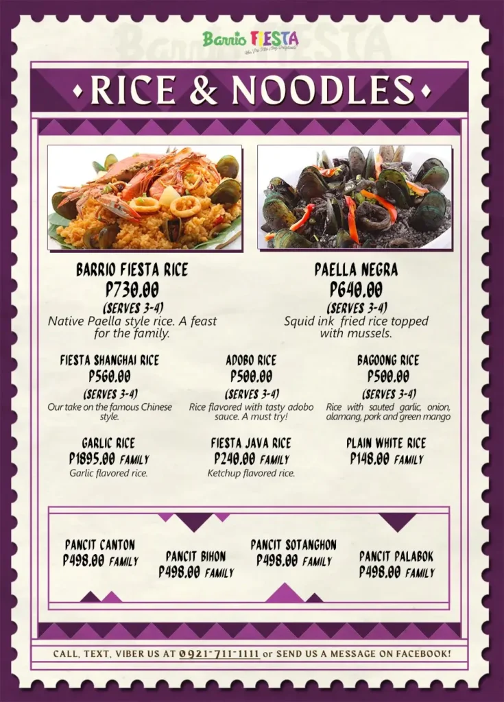Fiesta Jaya Rice, Plain White Rice and furthermore, a menu of barrio fiesta philippines resturant.