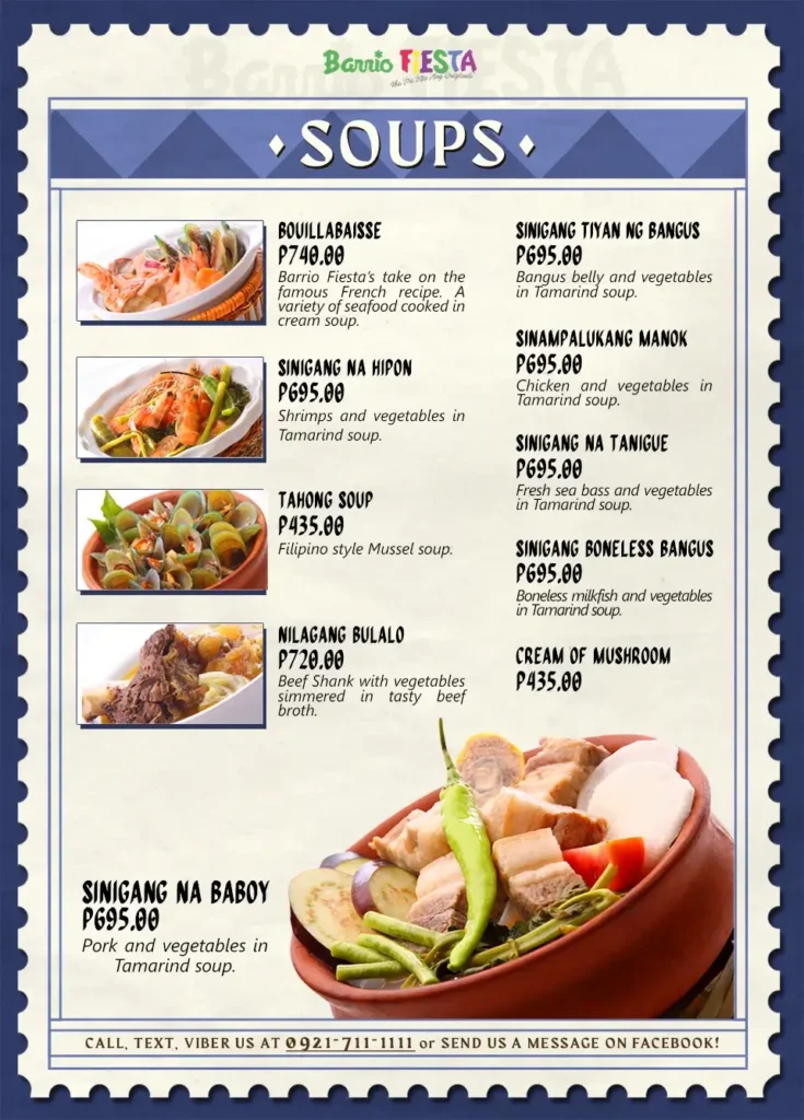 Soups in all flavors, a menu of barrio fiesta philippines resturant.