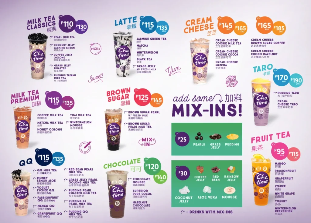 Milk tea classic, latte, brown sugar and furthermore, a menu of chatime philippines resturant.