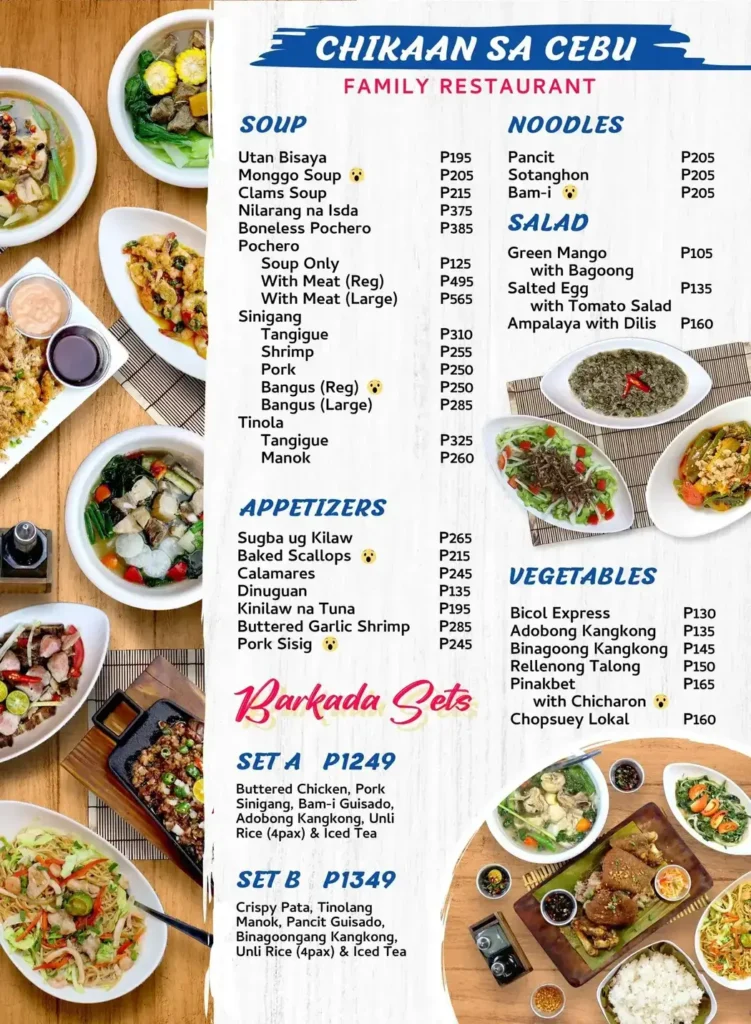 Soup, Noodles, salad and furthermore, a menu of chikaan philippines resturant.