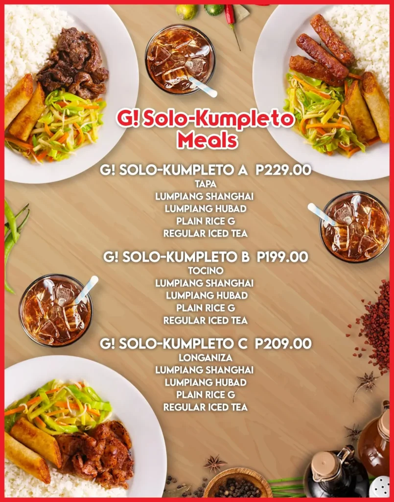 G solo meals, a menu of Goodah philippines resturant.