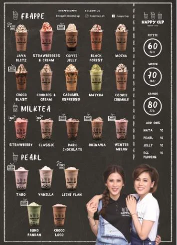 Frappe, Milktea, Pearl and furthermore, a menu of happy cu[p philippines resturant.