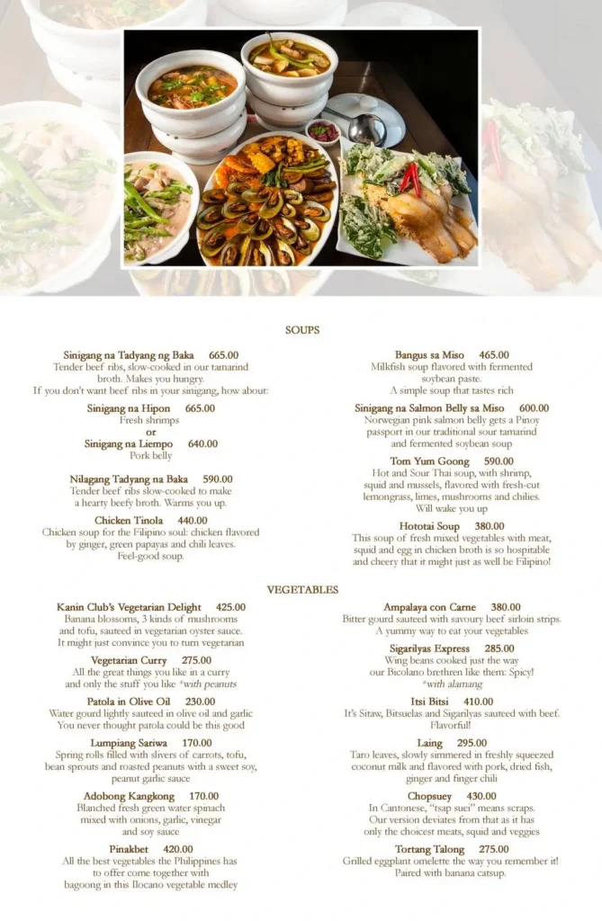 Soups and vegetables food in dishes, a menu of kanin club philippines resturant.