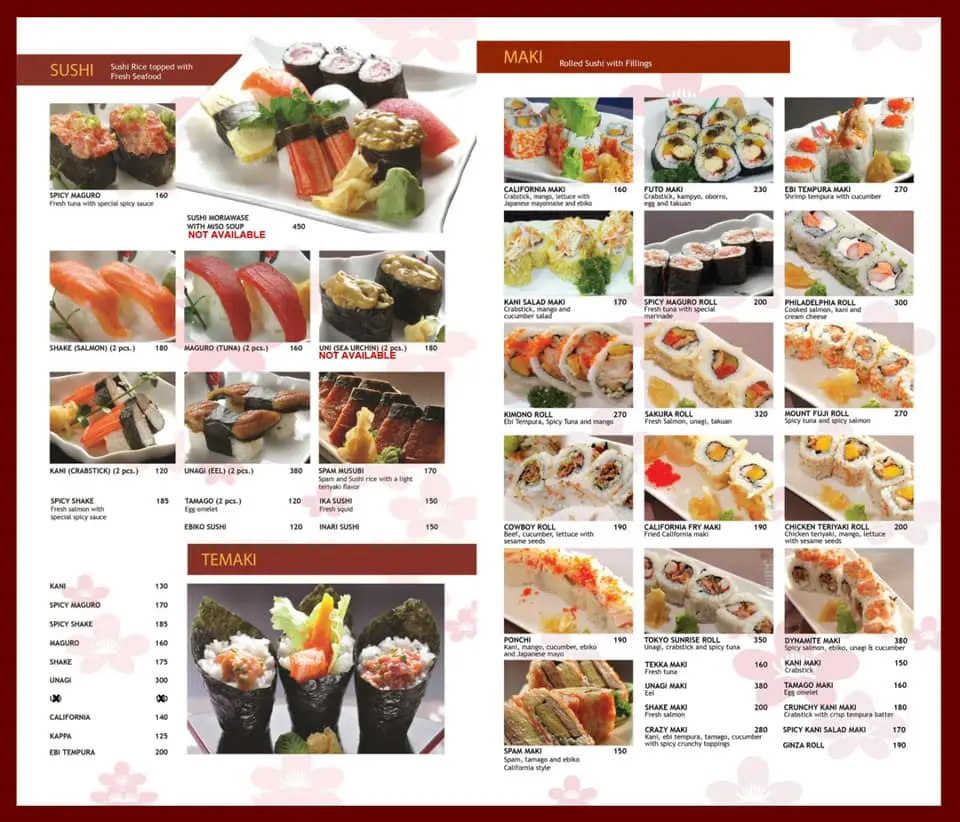 Sushi, Maki and Temaki, a menu of Kimono ken Philippines resturant.