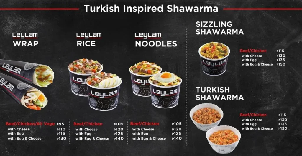 Turkish inspired shawarma, Noodles, Rice, a menu of leylem philippines resturant.