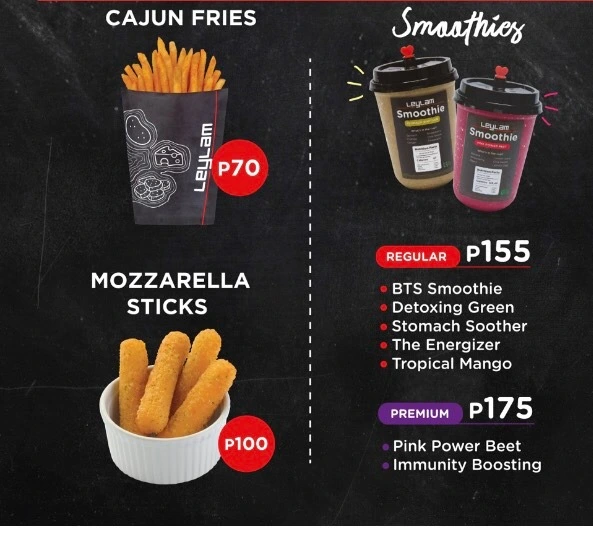 Fries, Smoothies and mozzarella sticks, a menu of leylem philippines resturant.