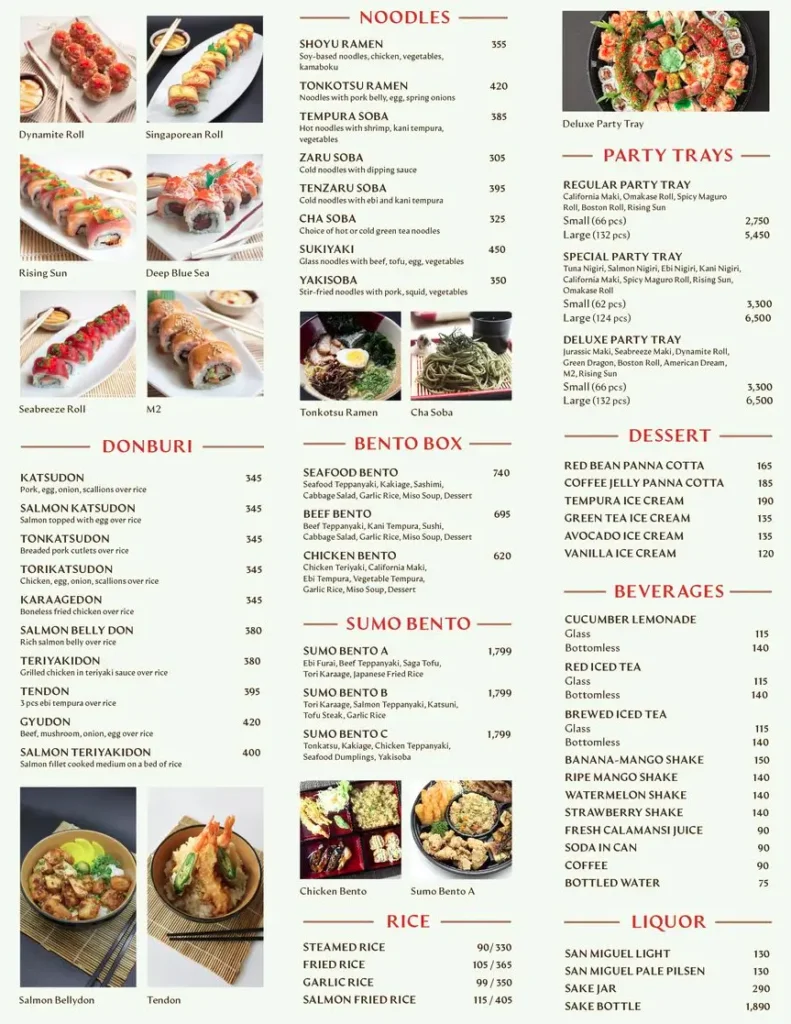 Noodles, party trays, donburi, bento box, dessert, sumo bento, and beverages, a menu of omakase philippines resturant.