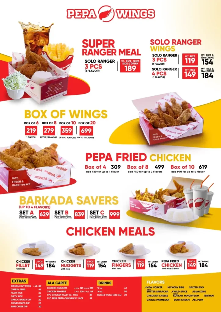 Box of wings, papa fried chicken and furthermore, a menu of pepa wings philippines resturant.