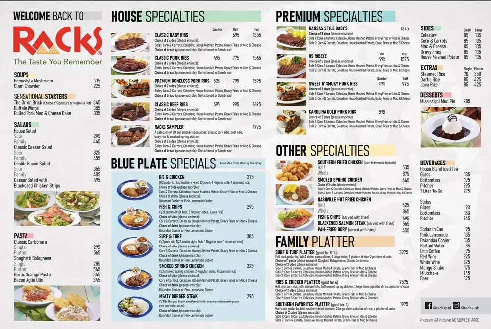 House specialists, soups, salads, blue plate special and furthmore, a menu of racks philippines resturant.