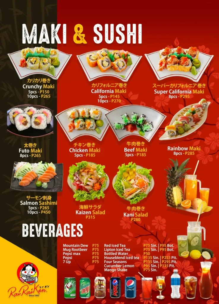 Maki and Sushi in all dishes, a menu of rairaiken philippines resturant.