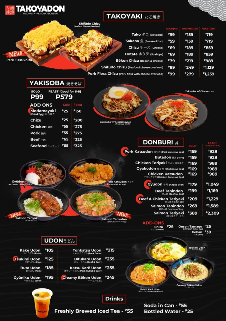 Yakisoba, seafood, desserts and furthermore, a menu of takoyadon philippines resturant.