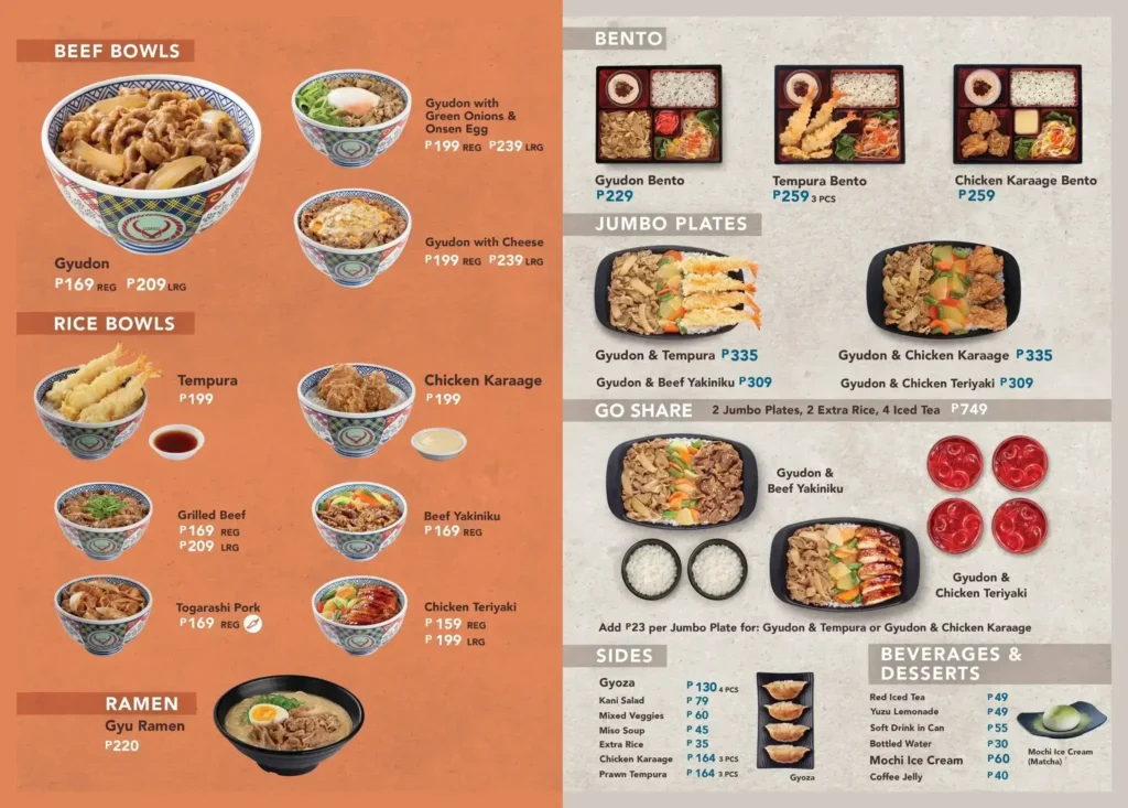 Beef bowls, Rice bowls, Ramen, Bento and furthermore, a menu of Yoshinoya Philippines resturant.