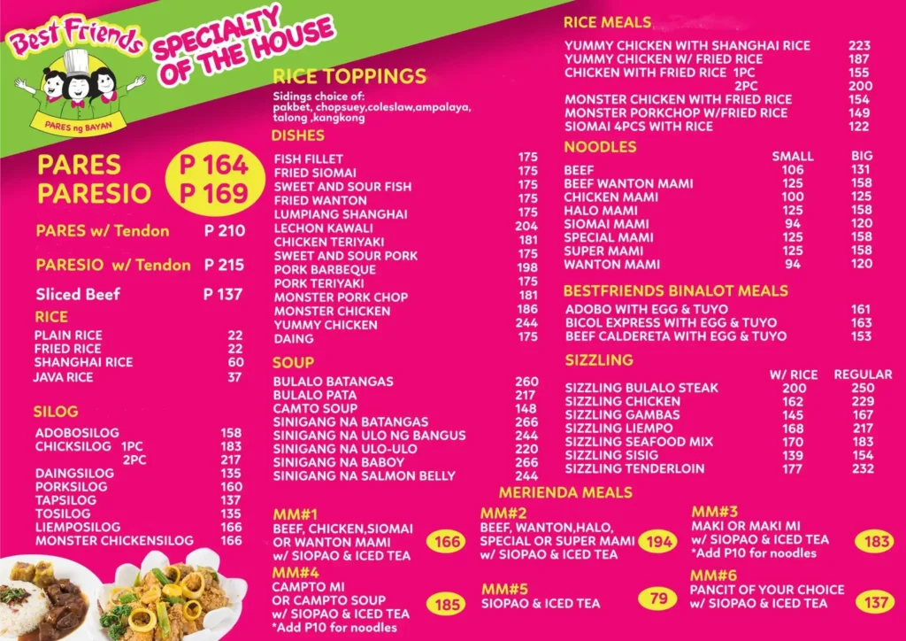Best Friends Specialty, Rice Toppings, Silog, Soup, Dimsum and furthermore, a menu of Best Friends Philippines resturant.