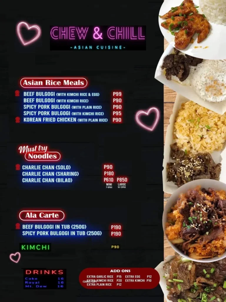 Asian Rice meals, noodles and furthermore, a menu of Chew & Chill Philippines resturant.