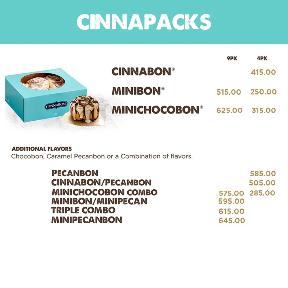 Cinnabon Cinnapacks, a menu of Cinnabon Philippines resturant.