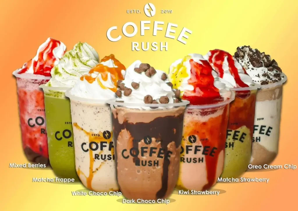 Mixed berries, Matcha Frappe, Dark choco chip and many more, a menu of Coffee rush philippines resturant.