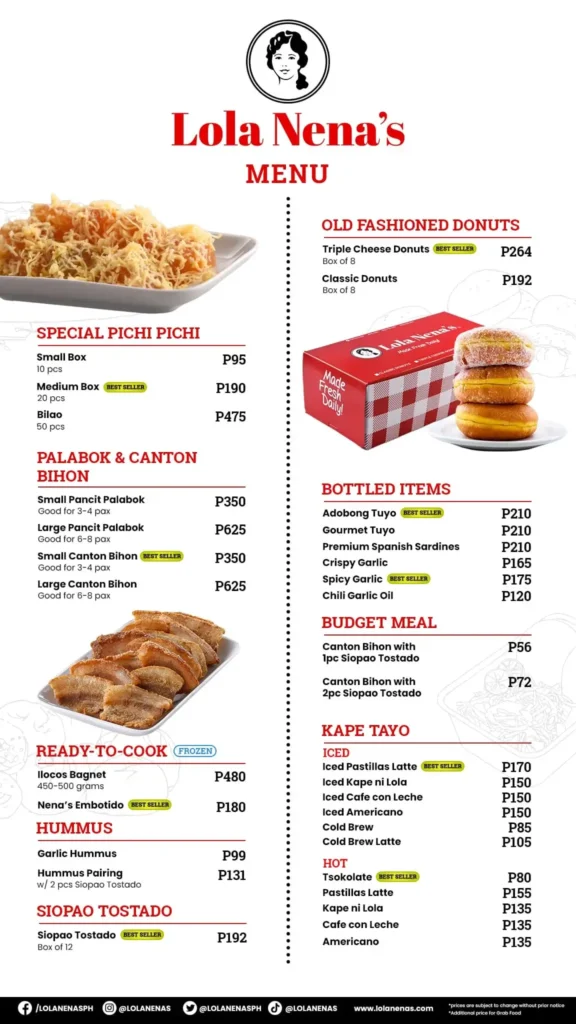 Special Pichi Pichi , Donuts, Bottled item, Hummus and furthermore, a menu of Lola Nena’s Philippines resturant.