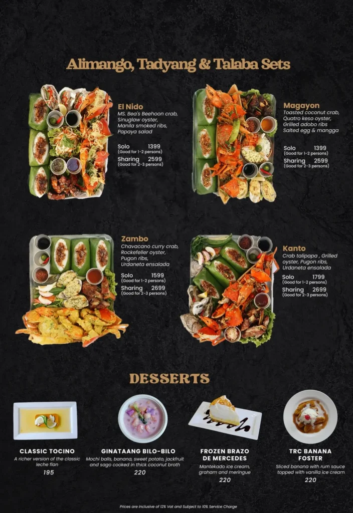 Desserts, Zambo, Kanto and furthermore, a menu of Red Crab Philippines resturant.