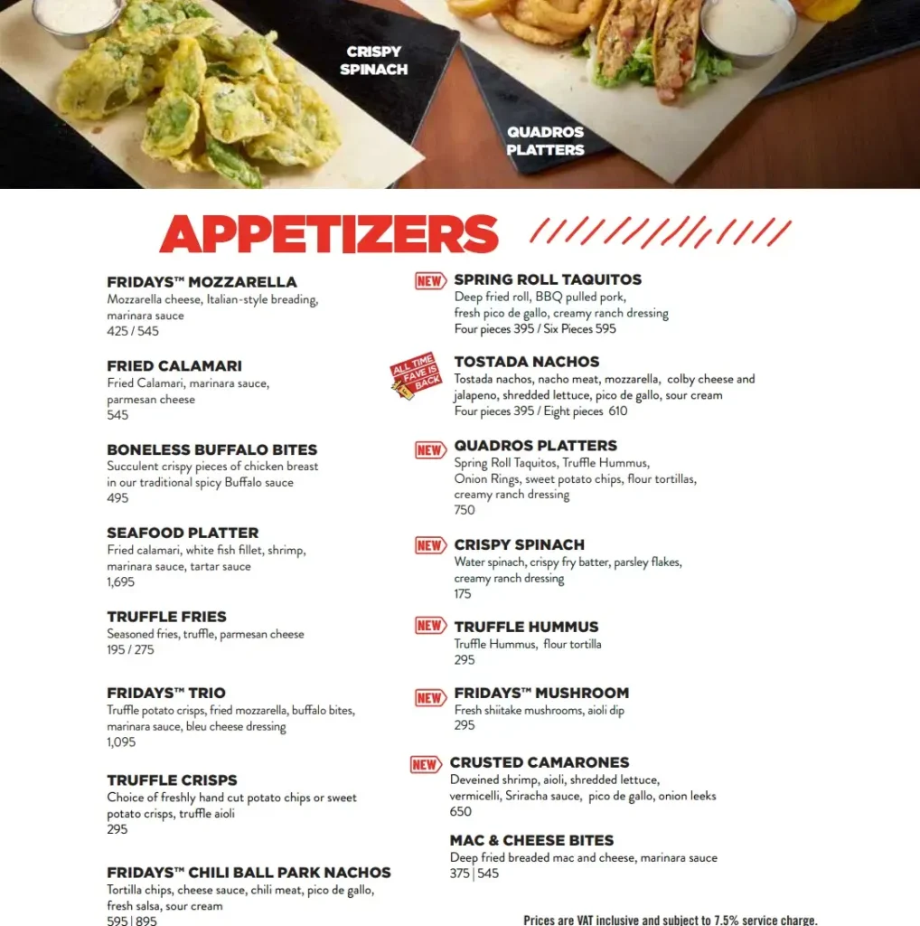 Tgi Fridays Appetizers Menu with Prices