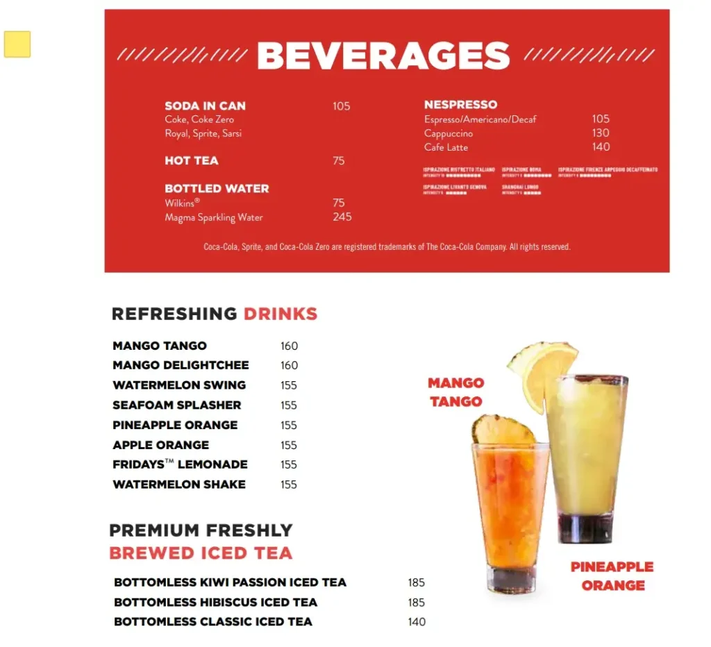 Tgi Fridays Drink and Beverages Menu Prices