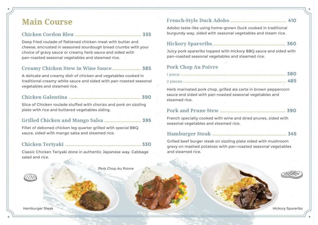 Chicken and Pork in all flavors, a menu of The French Philippines resturant.