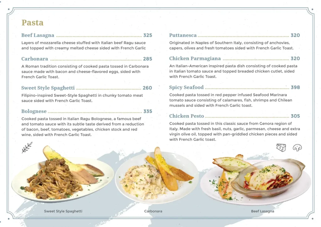 Pasta in beef and other dishes, a menu of The French Philippines resturant.